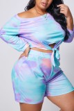 Blue Fashion adult Street V Neck Patchwork Print Two Piece Suits Stitching Plus Size