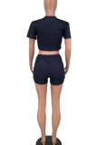 Blue Black Casual Print Patchwork O Neck Short Sleeve Two Pieces