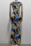 Blue Casual Print Patchwork Spaghetti Strap Trumpet Mermaid Dresses