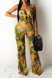 Yellow Sexy Print Hollowed Out Spaghetti Strap Straight Jumpsuits