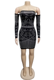 Black Sexy Hot Drilling Patchwork Bateau Neck Pencil Skirt Dresses
