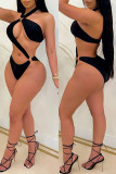 Black Fashion Sexy Solid Hollowed Out Backless Halter Sleeveless Two Pieces