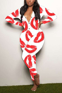 White Living Lips Printed V Neck Skinny Jumpsuits