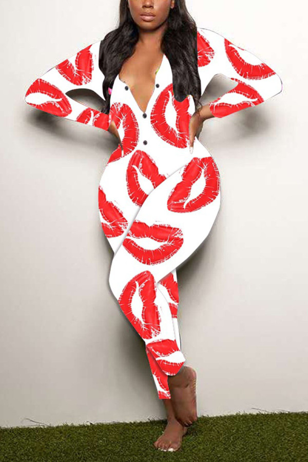 White Living Lips Printed V Neck Skinny Jumpsuits