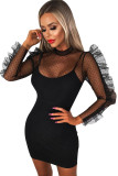 Black Network Sexy Patchwork Solid Hip skirt Long Sleeve Two-Piece Dress