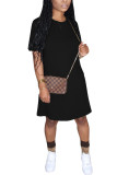 Black Fashion Casual Black Yellow rose red Navy Blue Army Green Cap Sleeve Short Sleeves O neck A-Line Knee-Length Solid Dresses