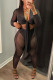 Black Fashion Sexy Solid Patchwork See-through V Neck Long Sleeve Two Pieces