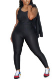 Grey Sexy Active Solid Three-Piece Suits Turndown Collar Long Sleeve Cap Sleeve Regular Two Pieces