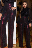 Wine Red Elastic Fly Long Sleeve High Patchwork Straight Pants
