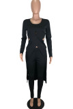 Black Sexy Solid Patchwork O Neck Long Sleeve Two Pieces