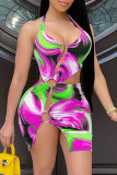 Rose Red Fashion Sexy Print Hollowed Out Backless Halter Sleeveless Dress