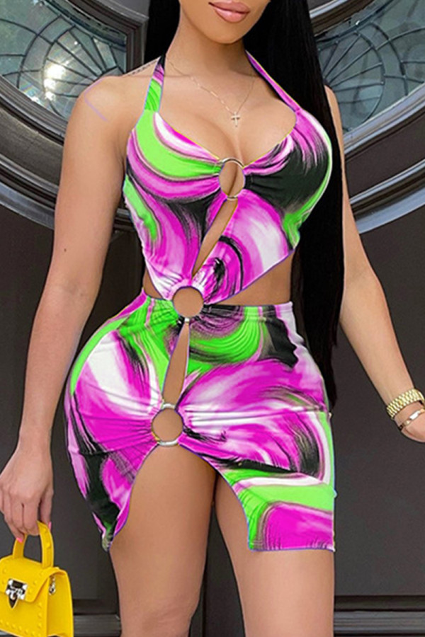 Rose Red Fashion Sexy Print Hollowed Out Backless Halter Sleeveless Dress