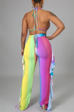 Yellow Fashion Sexy Print Backless Strap Design Halter Sleeveless Three-piece Set