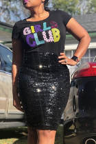 Black O Neck Short Sleeve Patchwork Sequin Print Tees & T-shirts