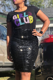 Black O Neck Short Sleeve Patchwork Sequin Print Tees & T-shirts