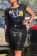 Black O Neck Short Sleeve Patchwork Sequin Print Tees & T-shirts