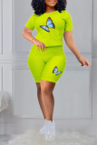 Fluorescent Green Casual Print Patchwork O Neck Short Sleeve Two Pieces