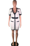 White OL Cap Sleeve Short Sleeves V Neck Step Skirt Knee-Length chain Solid Patchwork Club Dres
