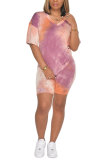Dark Blue Fashion Sexy adult Patchwork Print Tie Dye Two Piece Suits Straight Short Sleeve Two Pieces