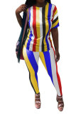 Black yellow Fashion Casual adult Striped Patchwork Print contrast color Two Piece Suits pencil Short Sleeve Two Pieces
