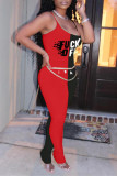Yellow Red Fashion Sexy Letter Print Patchwork Backless Fold O Neck Skinny Jumpsuits