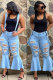 Light Blue Denim Bib pants Sleeveless Mid Patchwork Solid Hole Old Boot Cut Pants Bottoms