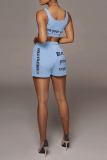 Blue Casual Print Patchwork U Neck Sleeveless Two Pieces