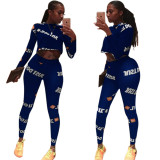 Blue Spandex Elastic Fly Long Sleeve Mid Letter Skinny Pants
