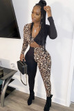 Blue Sexy Patchwork Two Piece Suits Leopard Straight Long Sleeve