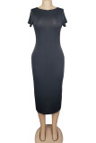 Cyan Fashion Casual White Red Black Orange Yellow Cyan Cap Sleeve Short Sleeves O neck Pencil Dress Mid-Calf Solid Dresses