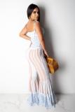 Blue Fashion Casual Draped Print Striped Sleeveless Slip Jumpsuits