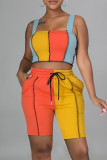 Rose Red Fashion Casual Patchwork Backless Square Collar Sleeveless Two Pieces