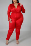 Red Fashion Casual Solid Basic Turtleneck Plus Size Set