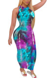 Blue Fashion Sexy adult Blue Orange Yellow purple Off The Shoulder Sleeveless Turtleneck Step Skirt Ankle-Length Print Patchwork Tie and dye Dresses
