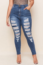 Dark Blue Sexy Solid Ripped Plus Size 