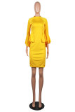 Yellow Fashion Sexy Long Sleeves O neck skirt Solid 