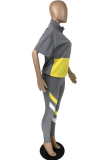 Grey Sportswear Color Block Patchwork Zipper Collar Short Sleeve Two Pieces