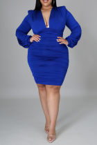 Blue Sexy Solid Patchwork V Neck Plus Size Dresses