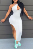 Grey Fashion Sexy Solid Hollowed Out Slit One Shoulder Sleeveless Dress Dresses