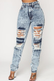 Grey Denim Zipper Fly Button Fly Mid washing Hole Zippered Pocket Skinny Pants Pants