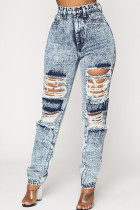 Grey Denim Zipper Fly Button Fly Mid washing Hole Zippered Pocket Skinny Pants Pants