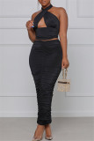 Silver Sexy Solid Hollowed Out Backless Fold Halter Sleeveless Two Pieces