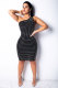 Black Sexy One Shoulder Sleeveless one shoulder collar Asymmetrical Knee-Length diamonds 