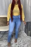 Baby Blue Fashion Casual Solid Basic Mid Waist Skinny Jeans