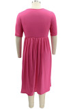 Blue Fashion Casual Plus Size Solid Basic O Neck Short Sleeve Dress (No Pocket)