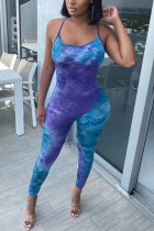 Blue Fashion street Tie-dyed Milk. Sleeveless Slip Jumpsuits