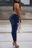 Medium Blue Fashion Casual Solid Strap Design High Waist Regular Jeans