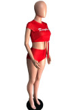 Red Casual Letter Print Solid Bandage Straight Short Sleeve Two Pieces