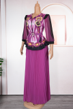 Purple Elegant Print With Belt Pleated V Neck Plus Size Two Pieces