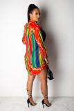 Red Casual Fashion Cap Sleeve Long Sleeves Turndown Collar Straight Mini Striped Print Long S